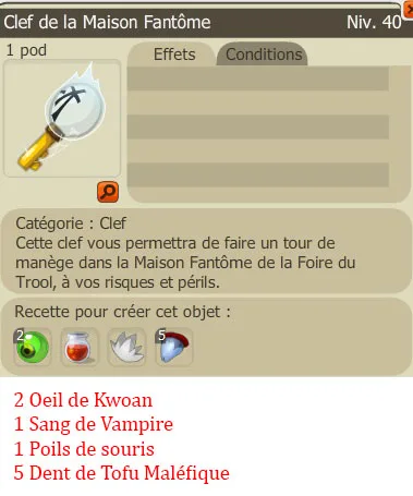 Recette clef donjon Maison Fantome