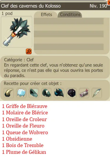 Recette clef donjon Cavernes du Kolosso