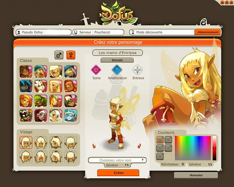 Interface création de personnage